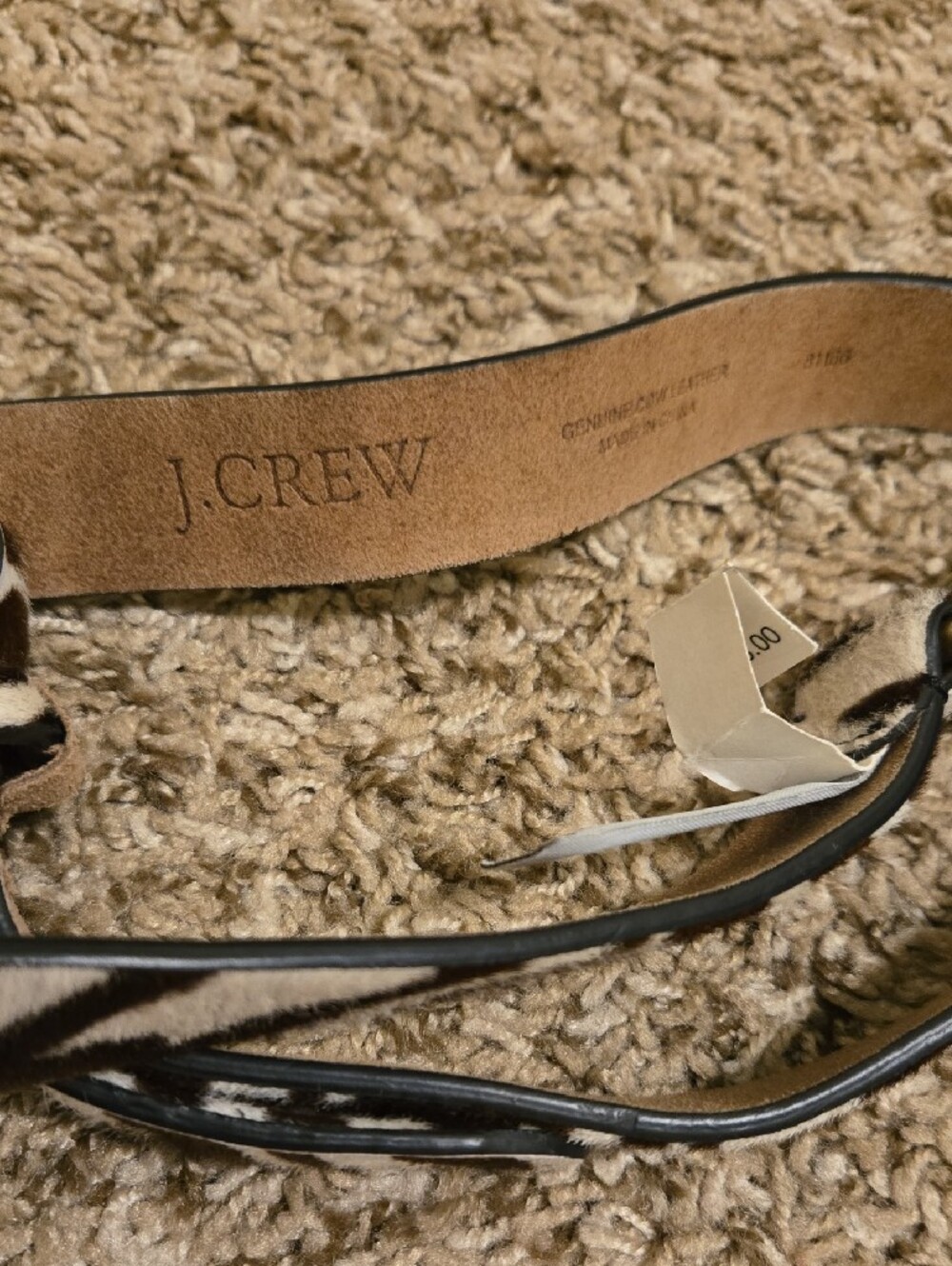 J. Crew Brown and White Zebra-Print Leather Belt with Brass Ring Buckle - Picture 2 of 4